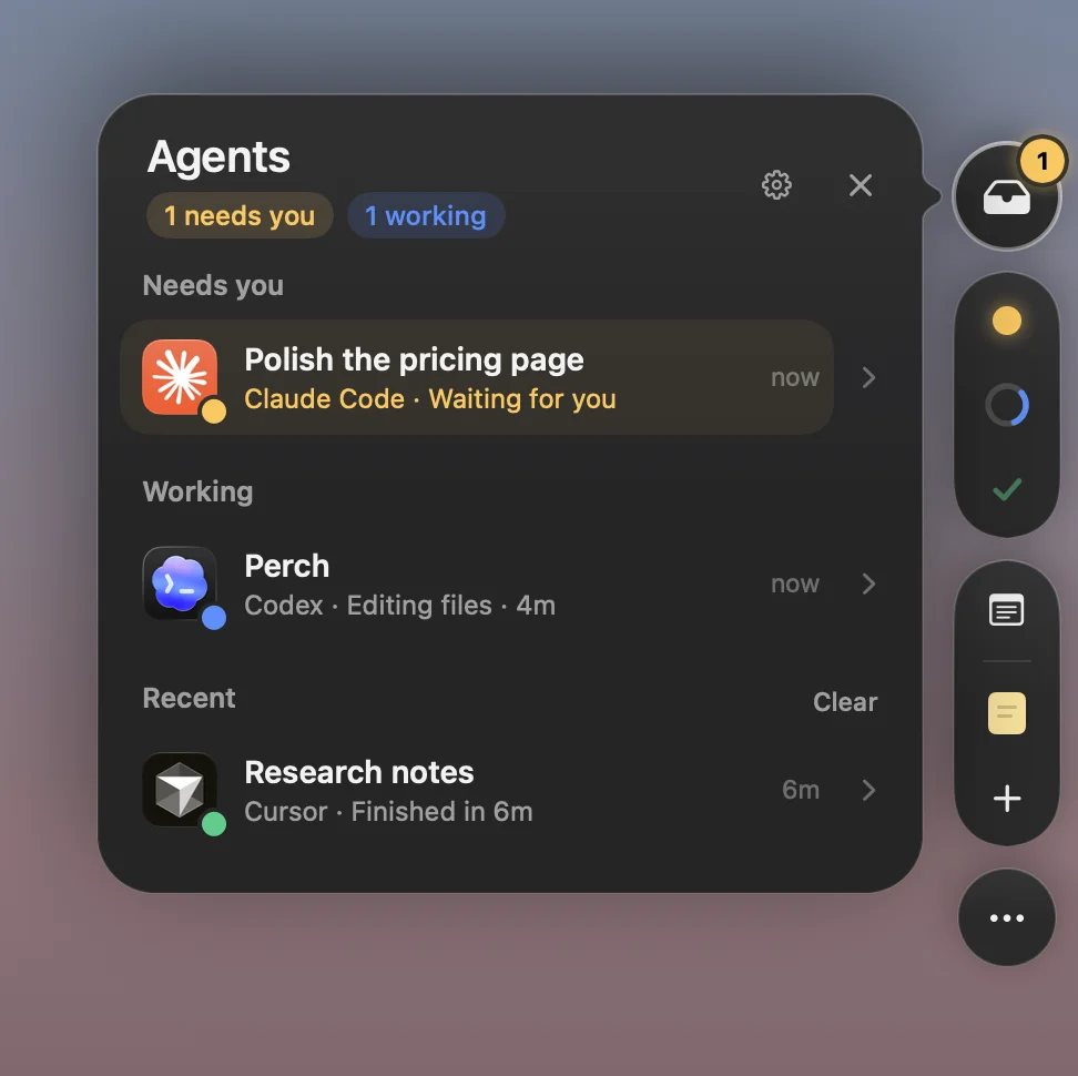 Perch’s native shelf groups sample agent sessions by Needs you, Working, and Recent.